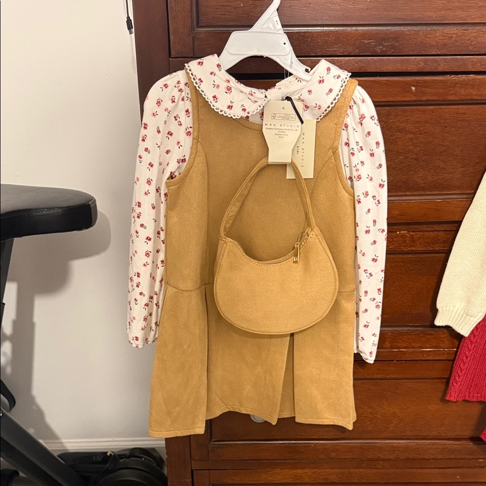 Max Studio Girls' Mustard Faux-Suede Jumper with Matching Purse